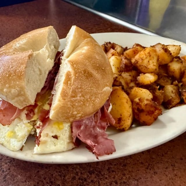 Slice Corn Beef, Egg & Cheese Sandwich.