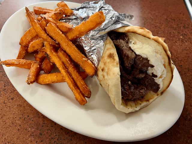 Steak Tip Gyro Sandwich.
